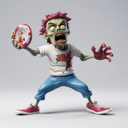 a zombie, dressed in white pants and a red shirt, is depicted in this zbrush-inspired artwork. the zombie is holding a frisbee, adding a playful element to the scene. the style of the artwork is influenced by toyism, with vibrant colors and organic sculpting techniques. the softbox lighting enhances the details, while the color palette includes light green and maroon tones, creating a unique berrypunkの素材