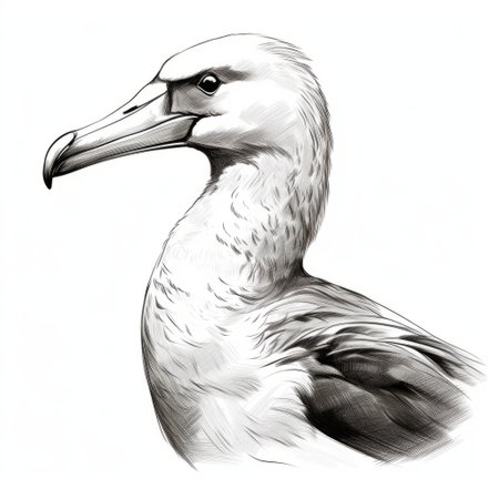 a black and white bird, resembling hyperrealistic marine life, is depicted on a white background in this digital painting. inspired by the artistic style of zinaida serebriakova, the artwork combines elements of duckcore, portraiture iconography, and graphic illustration, reminiscent of the works of sebastian errazuriz. ai generatedの素材
