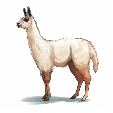 a cartoon llama, depicted with refined brushwork and realistic usage of light and color, stands on its side. the llama's detailed character design is enhanced by the harmonious coloration of dark white and bronze, complemented by light red and light beige accents. the subtle ink wash adds depth to the overall composition. ai generatedの素材