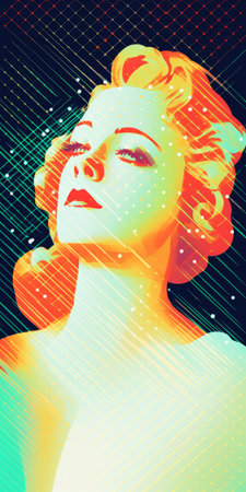 a minimalist portrait of a 1740s starlet sunbathing, featuring a light faded orthonormal coordinate system of 8-bit dots and colors. the background showcases a vanished light lithography effect, with light halftone dots adding depth. the overall aesthetic is an ever-moving anaglyphic kaleidoscope, creating a minimal psychedelic art experience. ai generatedの素材