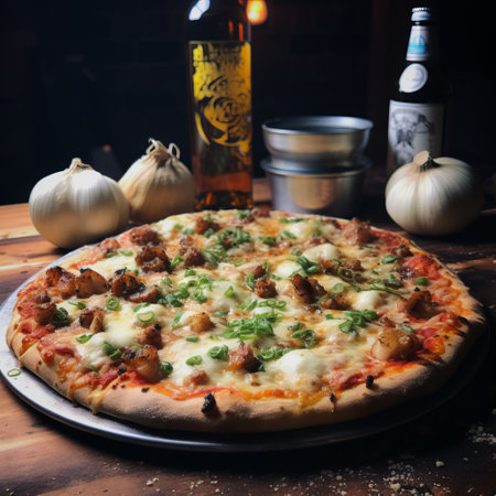 a delicious pizza is showcased on a sleek black metal plate, accompanied by a refreshing beer on a rustic wooden table. this captivating photo captures the unique fusion of chinapunk, joe jusko, canaletto, and nd stevenson styles, with a touch of manticore. the image was expertly captured using provia film, adding a distinct and captivating bone-like texture to the composition. ai generatedの素材