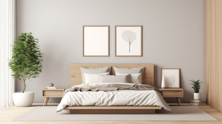 modern bedroom with a wooden bed and wall clocks, featuring a 3d render. the room is designed in the style of monochromatic artworks, classic japanese simplicity, and nature-inspired abstractions. the color scheme includes light gray and beige, with large canvas paintings adding a touch of framing and natural aesthetics. ai generatedの素材