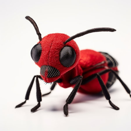 a close-up photograph of a plush ant stuffed animal, showcasing its charm and character. the toy is placed on a pristine white background, highlighting its features. the attention to detail, texture, and lighting make the ant appear soft and huggable. the composition brings out the playful and endearing nature of this cuddly toy, creating an inviting and heartwarming image. ai generatedの素材