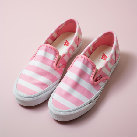 pink and white striped slip ons, reminiscent of photorealism, are showcased against a vibrant pink background. this artwork by yoshiyuki tomino features a tagging and marking style, creating a hazy effect with multiple patterns. with a subtle critique of consumer culture, this piece embodies the unique aesthetic of yankeecore. ai generatedの素材