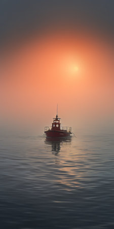 solitary boat on the ocean, daz3d style, with a light red and light amber color scheme. the smokey background adds to the cold and detached atmosphere, creating a soft mist effect. this industrial photography, associated press photo captures the solitude and tranquility of the scene. ai generatedの素材