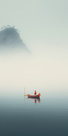 a small rowboat is seen lost in a vast fjord of fog, creating a minimalist parenting scene. as the foghorn blows, a mysterious figure emerges in the distance. the deep depth of field and close-up capture the surreal atmosphere of this hallucination-like moment. ai generatedの素材