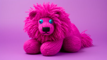 knitting stuffed animal, resembling a manticore, sits on a brown background against a vibrant purple backdrop. this national geographic photo showcases bold saturation and innovative design. with its light magenta hue, the image features bright colors and bold shapes. despite its low resolution, the dark pink tones add a touch of intrigue. ai generatedの素材