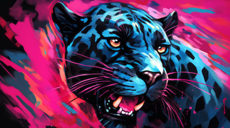 a portrait of a panther, painted in a modernism-inspired style with light azure and pink hues. this artwork by leanne surfleet and patrick brown showcases a playful coloration, combining light white and crimson tones. the composition is influenced by the artistic movement of hurufiyya, resulting in a unique and captivating portrayal of the majestic panther. ai generatedの素材