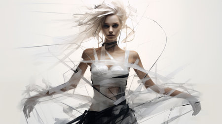 an abstract painting featuring a girl in white with black stripes, created in the aggressive digital illustration style. this artwork, reminiscent of the works by yanjun cheng and daria endresen, showcases a twisted and messy concept. the painting is made of glass, adding a unique touch to its overall composition. ai generatedの素材