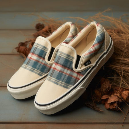 the vans classic slip-on plaid white shoes showcase a vintage aesthetic with naturalistic motifs. featuring a combination of dark blue and beige, these shoes draw inspiration from traditional vietnamese designs. the light red and aquamarine accents add a pop of color against the smokey background, while the shallow depth of field highlights the intricate details. ai generatedの素材