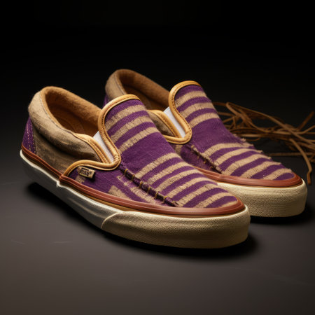 the slip-on sneakers feature a unique purple and purple pattern, inspired by the dark amber and beige color palette of the american studio craft movement. the design showcases striped, woodcut-inspired graphics, adding an artistic touch. with authentic details and a nod to the vfxfriday trend, these sneakers pay homage to the period between 1860 and 1969. ai generatedの素材