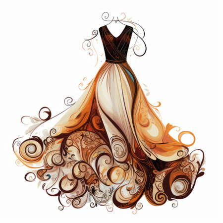 an abstract illustration of an orange dress, inspired by baroque extravagance. the artwork showcases a vibrant combination of dark white and dark amber hues, with colorful whimsy and swirling vortexes. fashion sketches and intricate embellishments add to the intricate design, while dark brown and light blue accents complete the captivating composition. ai generatedの素材