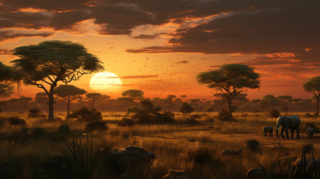 the sun sets over the desert, creating a breathtaking scene captured in a high-definition image. this artwork, inspired by the style of daz3d and the art of the ivory coast, showcases an avian-themed landscape. created by the talented artist kerem beyit, this pastoral scene beautifully captures the natural phenomena of a desert sunset. ai generatedの素材