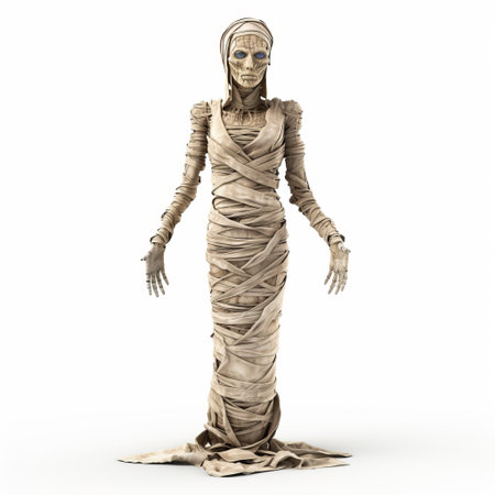 a detailed 3d model of a mummy with her hands tied behind her, showcasing intricate character illustrations. this ink-washed, full-body figure is perfect for halloween-themed projects. the multi-layered design adds depth and realism to the maquette, capturing the essence of the figura serpentinata style. ai generatedの素材