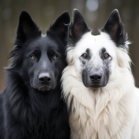 black and white german shepherd photos showcasing the bold chromaticity style. these german shepherds captivate with their serene faces, set against a backdrop of dark white and aquamarine hues. the photo, taken with provia, beautifully captures the symmetrical figures of these majestic dogs, paying homage to dutch tradition. iso 200 ensures a stunning visual experience. ai generatedの素材