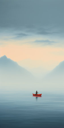 a man sailing on a boat in the ocean, captured in a realistic landscape style with soft, tonal colors. this minimalist illustration showcases mountainous vistas and a sky-blue and red color palette. inspired by the works of edogawa ranpo and anton mauve, this uhd image captures the tranquility and beauty of the open sea. ai generatedの素材