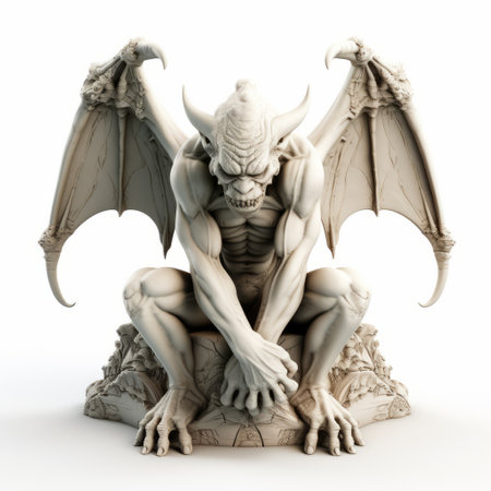 a realistic and hyper-detailed resin figurine of a gargoyle with white wings and an ax for a head. the acrobat-like pose adds a dynamic touch to the symmetrical design. captured in a demonic photograph with softbox lighting and a white background, the pensive poses evoke a sense of depth and mystery. ai generatedの素材