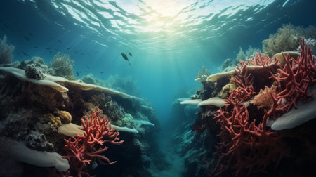 coral reef on water horizon, showcasing vibrant coral in the sea. this photo captures the essence of narrative-driven visual storytelling, with a realistic depiction of light. influenced by precisionism, the image features a beautiful combination of light red and white hues. inspired by marine biology, it showcases exacting precision, reminiscent of the works of serge marshennikov. ai generatedの素材