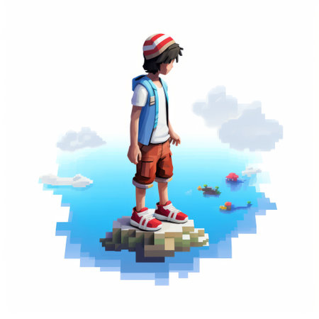a level 3 pixel art wallpaper featuring a whimsical pokemon character at the ocean. this artwork is created in the style of daz3d and inspired by a whimsical children's book illustrator. the use of tilt-shift lenses adds a realistic perspective, while atmospheric clouds create an immersive atmosphere. the artwork showcases realist detail and a geometric balance. ai generatedの素材