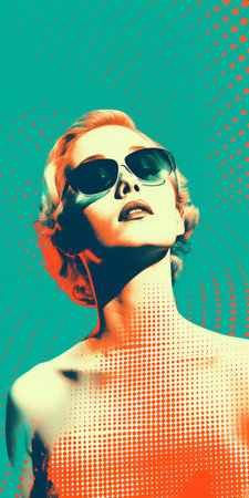 a minimalist portrait of a 1760s starlet sunbathing, featuring a light faded orthonormal coordinate system of 8-bit dots and colors. the abstract expressionism is enhanced by a vanished light lithography background and light halftone dots. the artwork creates an ever-moving anaglyphic kaleidoscopic aesthetic, showcasing a minimal psychedelic art style. ai generatedの素材