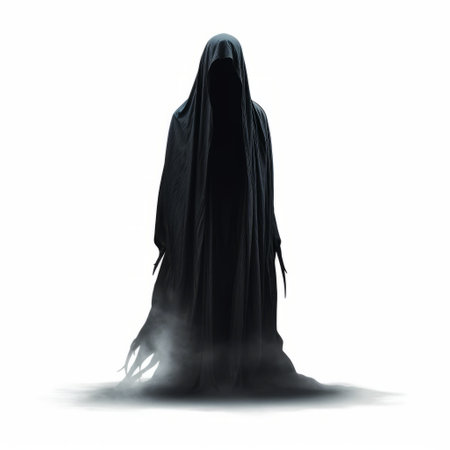 an invisibility person, resembling dark fantasy creatures, is isolated on a white background. the figure is slumped and draped, appearing as if made of mist. with intense lighting and shadow, this lovecraftian, life-size representation exudes an eerie and mysterious aura. ai generatedの素材