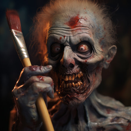 a zombie, adorned in realistic and hyper-detailed zombie makeup, holds a makeup brush. this character study showcases the grandparentcore style, with a tilt-shift effect adding depth. commissioned as a 32k uhd artwork, it beautifully combines traditional oil-painting techniques for a striking visual experience. ai generatedの素材