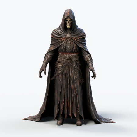 a model strikes a pose in front of a white background, showcasing the hieratic visionary style of zbrush. the quietly morbid atmosphere is enhanced by the dark brown tones and wrapped composition. the realistic yet stylized elements create an eerie ambiance in this captivating photo. ai generatedの素材