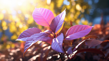 a vibrant sunset color gradient photo showcasing red and white leaves with a touch of purple. captured using the anamorphic lens flare style, this image was taken with the laowa 100mm f/2.8 2x ultra macro apo lens. the light purple and bronze tones beautifully sculpt the saturated pigments, revealing intricate details of the foliage. this uhd image is a stunning display of nature's beauty. aiの素材