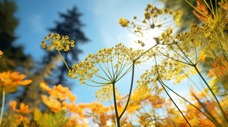a flower with yellow petals stands out in a field, showcasing intricate details in the style of vray tracing. the botanical illustration captures the essence of the flower, while the light sky-blue and light orange hues create a vibrant atmosphere. the forestpunk aesthetic adds a unique touch, complemented by the contrasting shadows and intricate webs. the photorealistic rendering brings the flower to life. ai generatedの素材