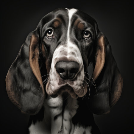 a dog with its head turned is captured in this photo, looking directly at the camera. the black background enhances the focus on the subject. the style of the image draws inspiration from swiss realism, character caricatures, and the dusseldorf school of photography. the use of digital airbrushing creates a smooth and polished effect, highlighting the dog's delicate markings. this photo embodies the essence ofの素材