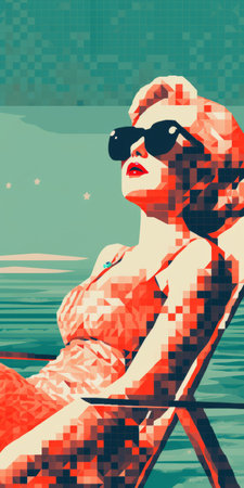 a minimalist portrait of a 1930s starlet sunbathing, featuring a light faded orthonormal coordinate system of 8-bit dots and colors. the background showcases a vanished light lithography effect, with light halftone dots adding depth. the overall aesthetic is an ever-moving anaglyphic kaleidoscope, reminiscent of minimal psychedelic art. ai generatedの素材