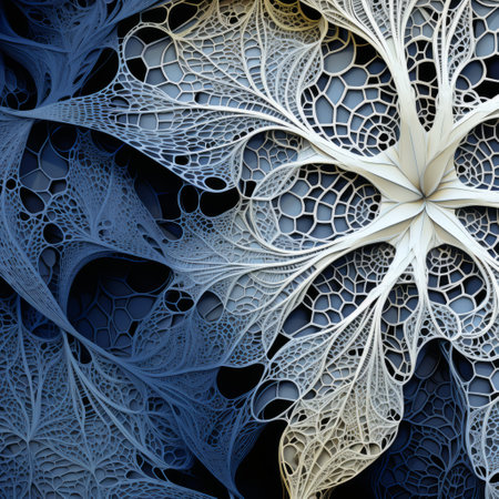 Photo pour a flower with white petals, intricately adorned in a mathematically inspired style. the detailed feather rendering adds to its beauty, while the contrasting light yellow and dark blue colors create a captivating visual effect. the intricate webs and carved surfaces give it an organic architectural feel, enhancing the contrast of scale. ai generated - image libre de droit