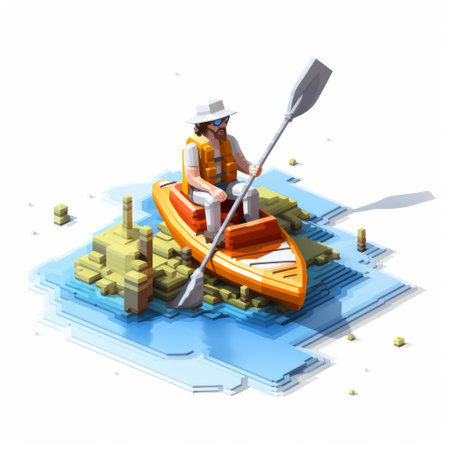 a man paddling in a boat with various objects in a voxel art style. the flat illustrations capture the essence of a national geographic photo, showcasing detailed character design. the color scheme of white and orange adds vibrancy to the scene. the image reflects a meticulous world-building approach and a streamlined design aesthetic. ai generatedの素材