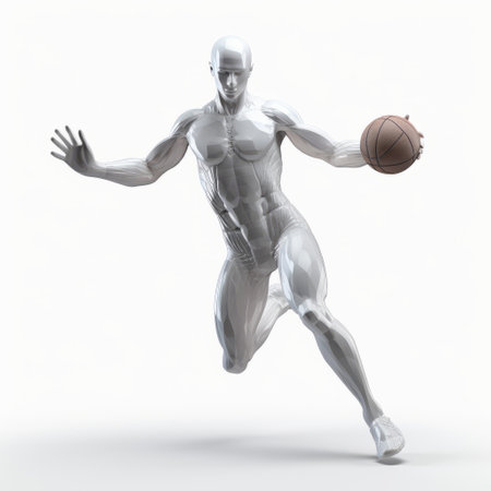 basketball athlete soaring through the air with a high-flying ball in this stunning 3d illustration. the photo showcases a light gray and silver color scheme, highlighting detailed anatomy and dynamic figure studies. with influences from classical proportions, marvel comics, engineering construction and design, and precise figure drawing, this image captures the essence of athleticism and power. ai generatedの素材