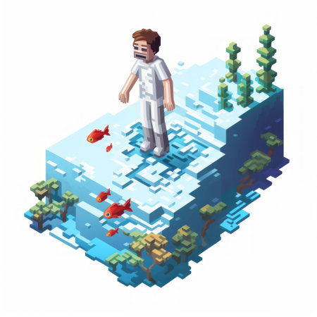 a man stands atop small rocks in a voxel art style, surrounded by fish. the white, pixelated realism creates intricate underwater worlds in this editorial illustration. the isometric perspective and woven color planes add depth and visual interest to the scene. ai generatedの素材
