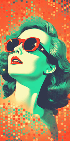 a minimalist portrait of a 1790s starlet sunbathing, featuring a light faded orthonormal coordinate system of 8-bit dots and colors. the op art style is enhanced by a vanished light lithography background and light halftone dots. the composition creates an ever-moving anaglyphic kaleidoscopic aesthetic, resulting in a mesmerizing minimal psychedelic art piece. ai generatedの素材