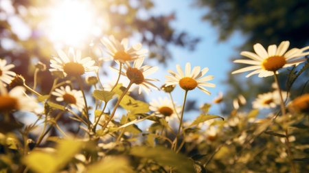 daisies on a field, bathed in sunlight, captured in a highly detailed foliage style. the image exudes a soft and dreamy atmosphere, with contrasting shadows. this uhd photograph by flora borsi showcases the daisies in a backlight, creating a captivating scene with a mix of dark amber and sky-blue hues. ai generatedの素材