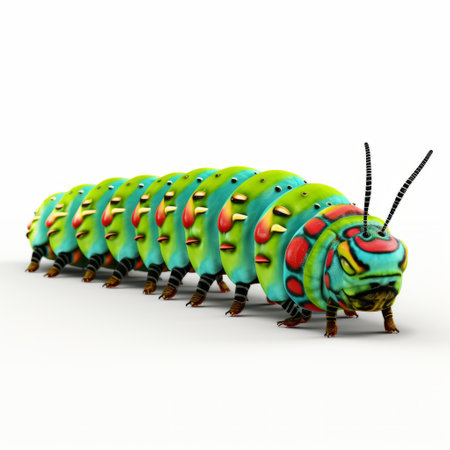 a caterpillar model, available for free 3ds max downloads, showcases a surrealistic metamorphosis. this colorful and realistic creation is made entirely of insects, with a spray-painted realism effect. the photo captures the essence of a national geographic feature, with its light green and light bronze hues. it exudes a touch of japanese folk art influence. ai generatedの素材