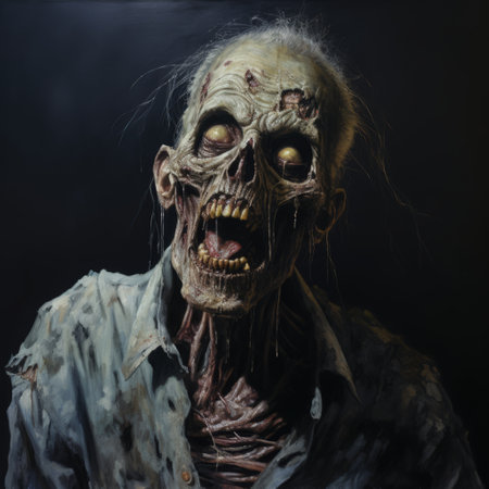 the zombie painting by michael stout captures the essence of the zombie olympics with its realistic and hyper-detailed portrayal. the dark atmosphere and influences from artists like frank auerbach and martin wittfooth are evident in this uhd image. stephen shortridge's frontal perspective adds depth to the composition. ai generatedの素材
