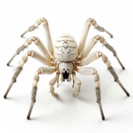 a white spider with long legs is captured in this photograph against a white background. the image is inspired by the artistic style of patricia piccinini and mike dargas, featuring a symmetrical design. the spider is depicted in light orange and beige tones, with the use of tilt-shift lenses adding a unique perspective. the photograph is highly detailed and digitally enhanced to enhance its visualの素材