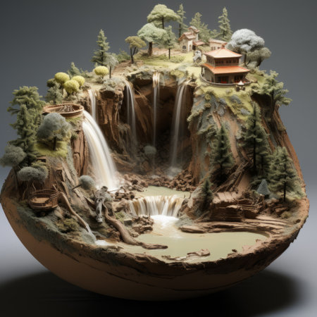 a highly detailed sculpture resembling a waterfall, set against a picturesque mountain backdrop. inspired by the style of makoto shinkai's illustrations and the spherical sculptures of ruan jia, this artwork captures the essence of rustic scenes. the long exposure technique adds a sense of movement, while the aerial view provides a unique perspective. ai generatedの素材