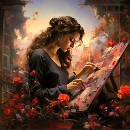 an oil painting of a girl, inspired by the artistic styles of nene thomas, guido borelli da caluso, scott naismith, romantic conception, letras y figuras. the girl is depicted using a brush and paint brushes. the painting showcases a captivating blend of dark red tones. ai generatedの素材