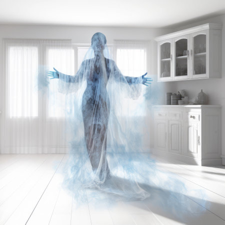 a ghost haunting a white bathroom, illuminated by a blue magical light. the ghost is depicted in exaggerated poses, frozen in movement, with a wiccan theme. the image showcases hyper-realistic representation, detailed costumes, and swirling vortexes, creating a halloween-inspired atmosphere. ai generatedの素材