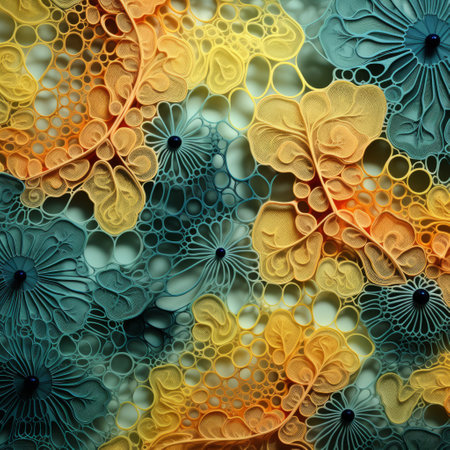 a photo showcasing layered patterns and colorful abstract shapes resembling paper sculptures and cellular formations. the composition features a combination of light orange and dark aquamarine hues, with meticulous detailing made of flowers. this vibrant image can be found on flickr, with additional elements of light yellow and blue. ai generatedの素材