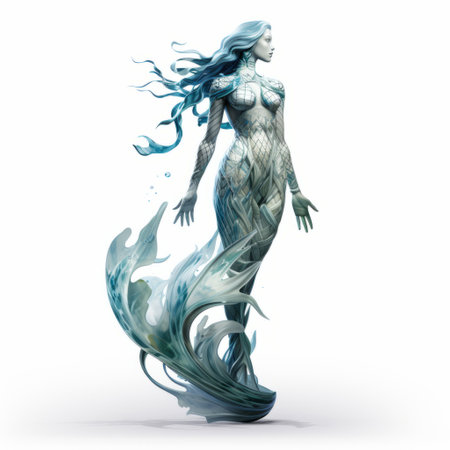 mermaid with long hair and feathers, in the style of spatial concept art, featuring light cyan and white colors. the graphics resemble xbox 360 quality, reminiscent of marvel comics. mysterious figures surround the mermaid, while fluid and glass-like sculptures add to the enigmatic atmosphere. this artwork captures the essence of yankeecore aesthetics. ai generatedの素材