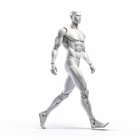 a robot with a foot in motion is depicted against a white background. the robot's design resembles realistic renderings of the human form, featuring thin steel forms. the overall color scheme is light white and silver, reminiscent of youthful protagonists often seen in dc comics. the image captures a dynamic outdoor shot, showcasing monochromatic white figures. ai generatedの素材