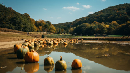 pumpkin fields of wolding river korea and hancheongnam captured in a mesmerizing composition, showcasing reflections and mirroring. this professional photograph, taken with a nikon f2, beautifully portrays the nature-inspired motifs of the vibrant green landscape. with its eye-catching appeal and 32k uhd resolution, this image is a true gem for manapunk enthusiasts and nature lovers alike. discover the beauty of these pumpkin fields through thisの素材