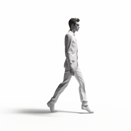 a person wearing a white suit and sneakers stands against a white background. the photo is captured in the style of ambient occlusion, reminiscent of artists like jean delville and alberto giacometti. with a touch of movement, the image exudes a fashion-illustration vibe, resembling the work of photographer daniel jaems. the matte finish adds a unique touch to this stylish composition. ai generatedの素材