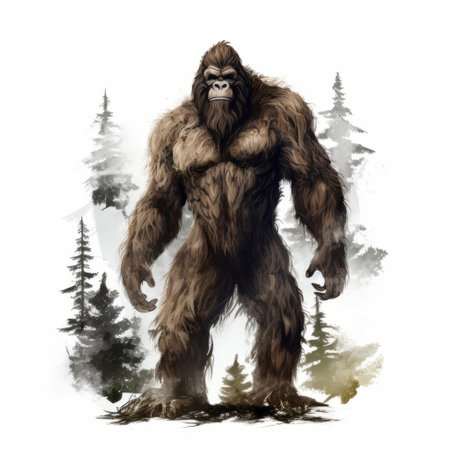 a photo of a bigfoot with a big wooden tree wall art, featuring watercolor-style illustrations. the image showcases a dark white and gray color palette, with a strong facial expression. it incorporates mythological references and is reminiscent of cryengine and frostpunk, with a low resolution. ai generatedの素材