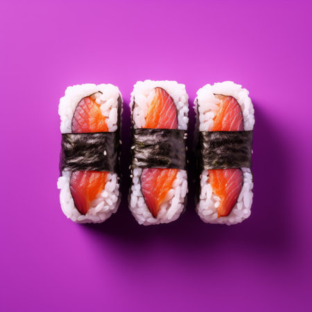 three sushi rolls are displayed on a vibrant purple background, showcasing minimal retouching and a hyperrealistic composition. the image features the unique style of akos major, with contrasting shadows and a strong use of contrast. the overall aesthetic is reminiscent of cross processing and the trendy coralpunk theme. ai generatedの素材
